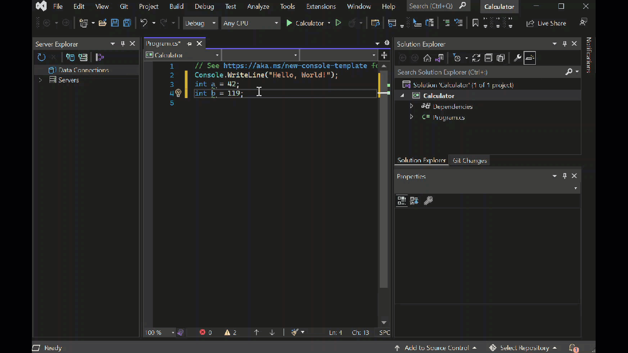 显示 Visual Studio IDE 中 IntelliSense 自动完成功能的整数数学运算代码动画