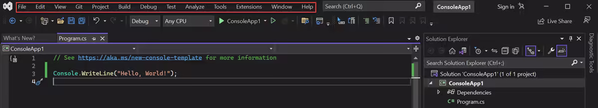 Visual Studio 2022 中“菜单”栏的屏幕截图